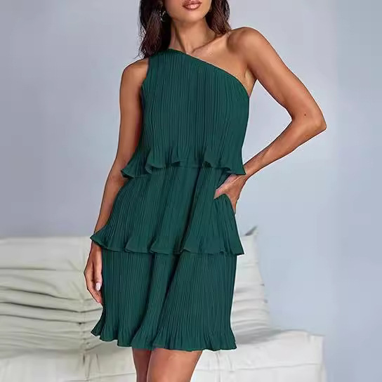 Casual Women's One Off-Shoulder Layered Stitching Hem Dress Simple Solid Color Dress Summer Street High Waist Comfortable Dresses - Image 8