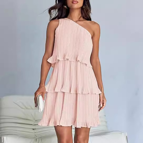Casual Women's One Off-Shoulder Layered Stitching Hem Dress Simple Solid Color Dress Summer Street High Waist Comfortable Dresses - Image 9
