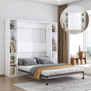 Queen Murphy Bed, 89.7-inch Foldable Wall Bed, With Storage Cabinet, With Hardware Bed Frame And Solid Wood Support Strips, Hidden Bed Frame, Suitable For Bedrooms, Guest Rooms, White