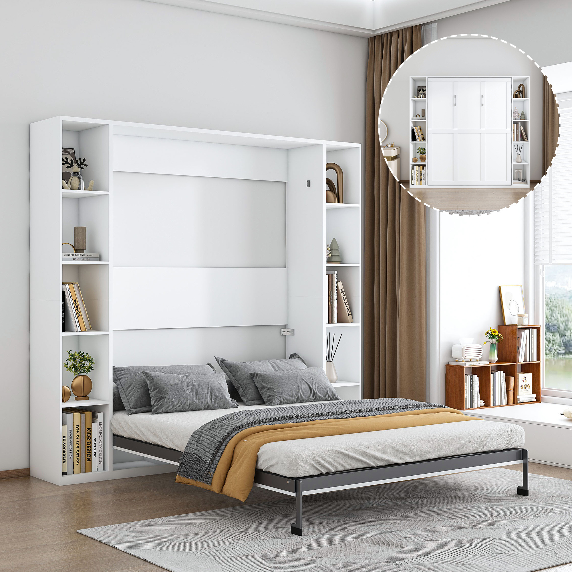 Queen Murphy Bed, 89.7-inch Foldable Wall Bed, With Storage Cabinet, With Hardware Bed Frame And Solid Wood Support Strips, Hidden Bed Frame, Suitable For Bedrooms, Guest Rooms, White