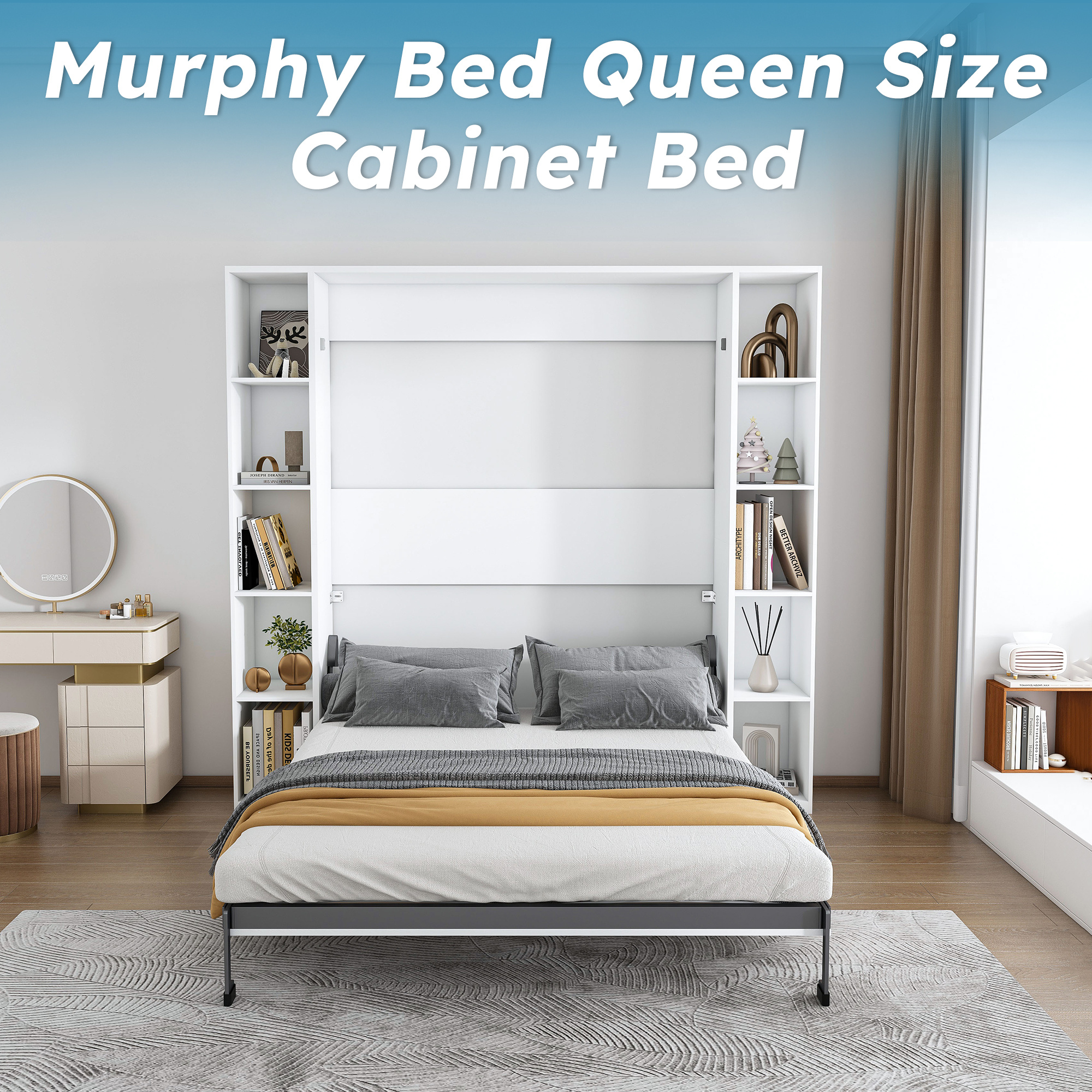 Queen Murphy Bed, 89.7-inch Foldable Wall Bed, With Storage Cabinet, With Hardware Bed Frame And Solid Wood Support Strips, Hidden Bed Frame, Suitable For Bedrooms, Guest Rooms, White - Image 4