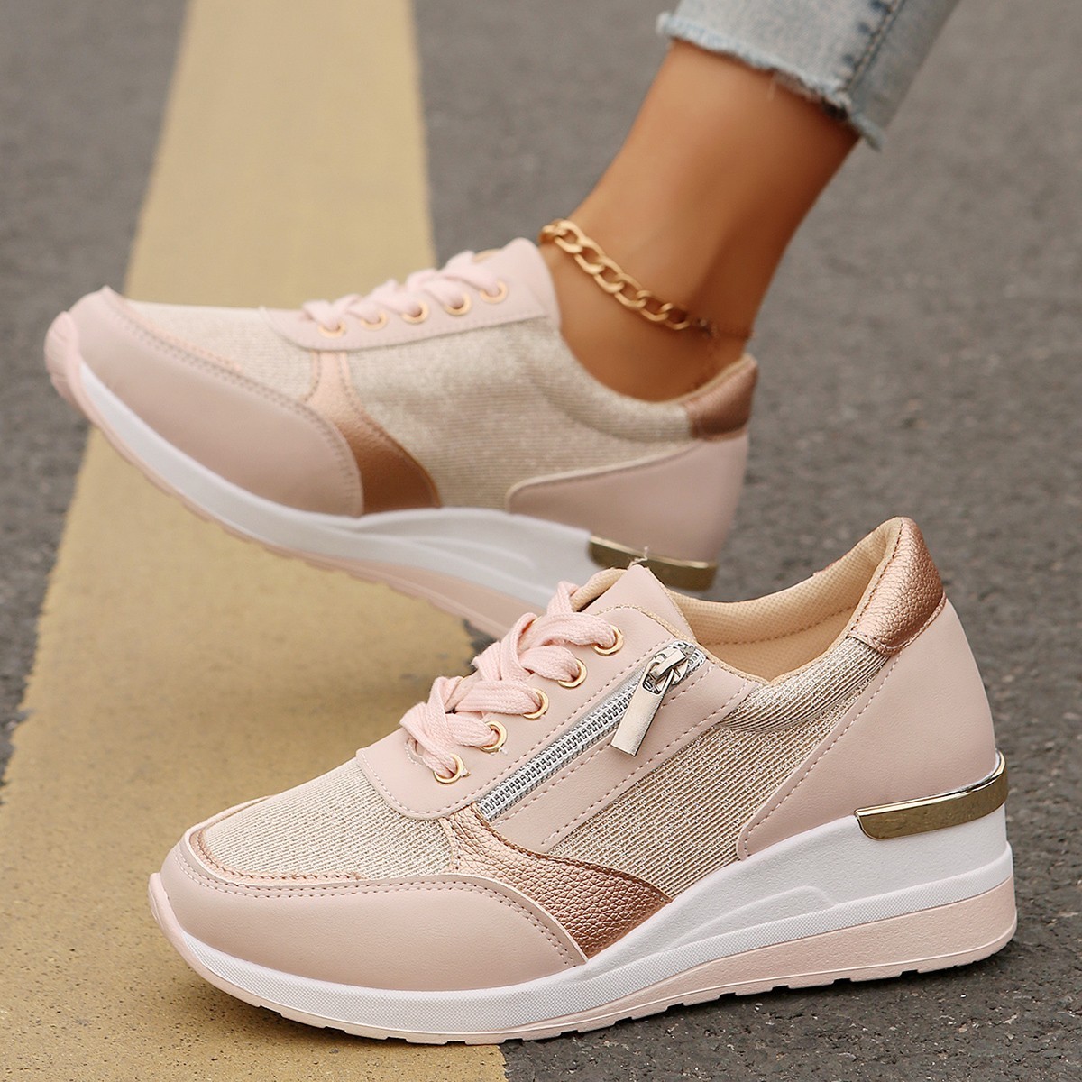Women's Lace-up Casual Shoes FFashion Side Zipper Design Thick-soled Shoes Walking Running Sports Sneakers - Image 9