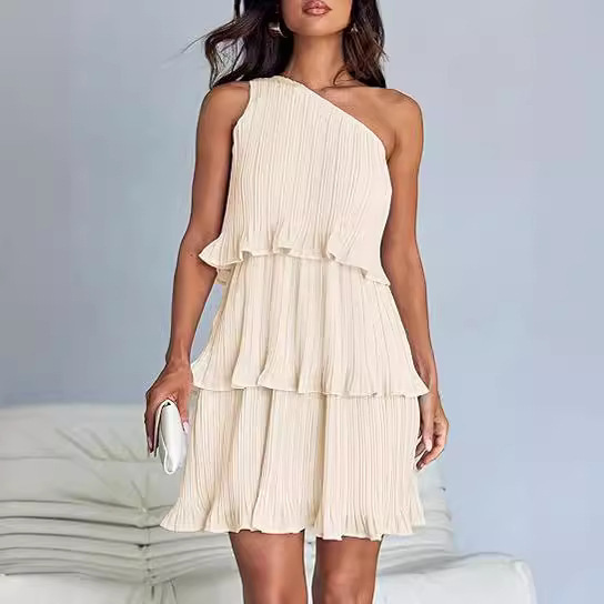Casual Women's One Off-Shoulder Layered Stitching Hem Dress Simple Solid Color Dress Summer Street High Waist Comfortable Dresses - Image 2