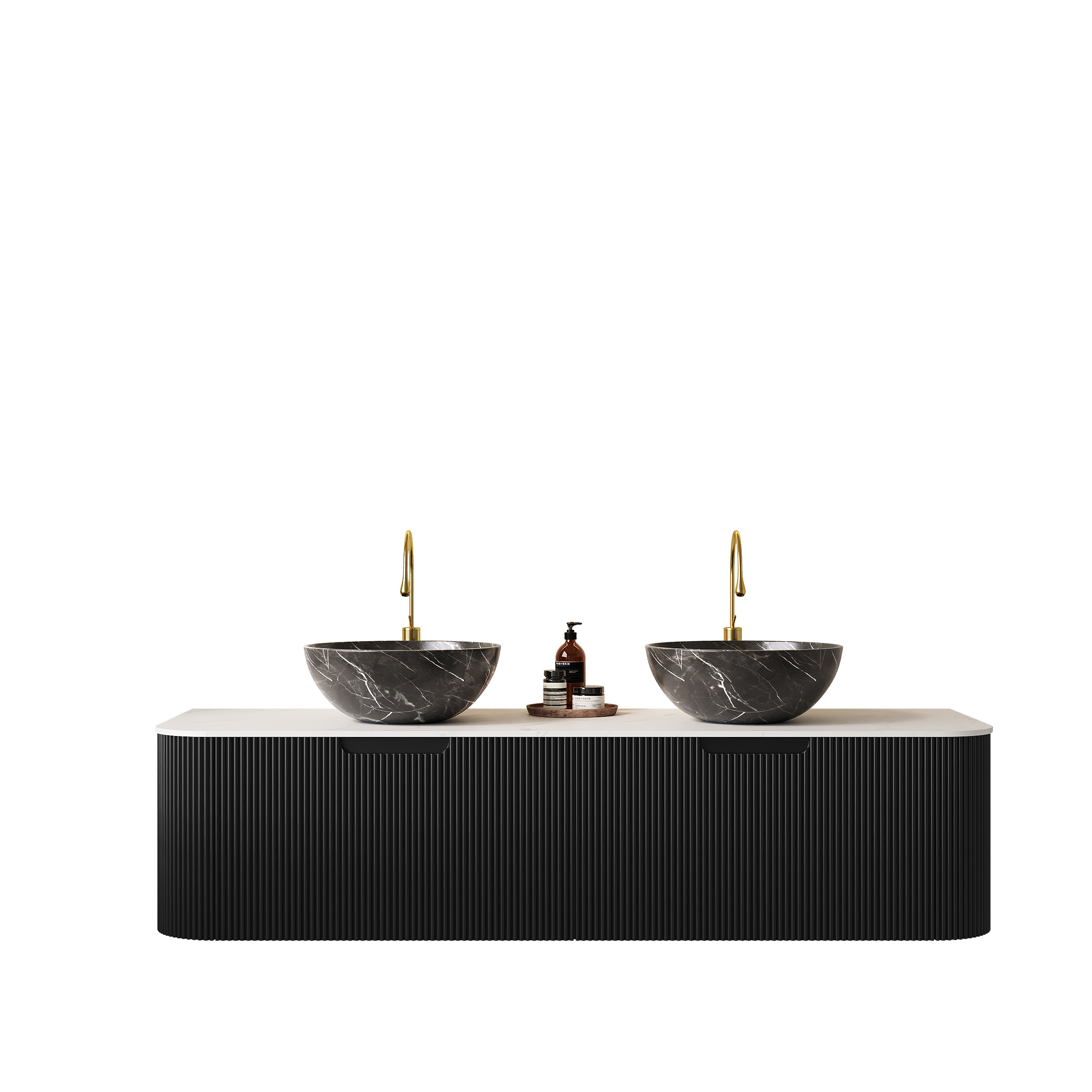 DINA 60 Bathroom Vanity With Sinks, Wall-Mounted Floating Curved Edges Striped Bathroom Storage Cabinet With 2 Drawers, 2 Black Bowl Ceramic Basins With Stone Pattern, Pre-assembled, Black Color - Image 5