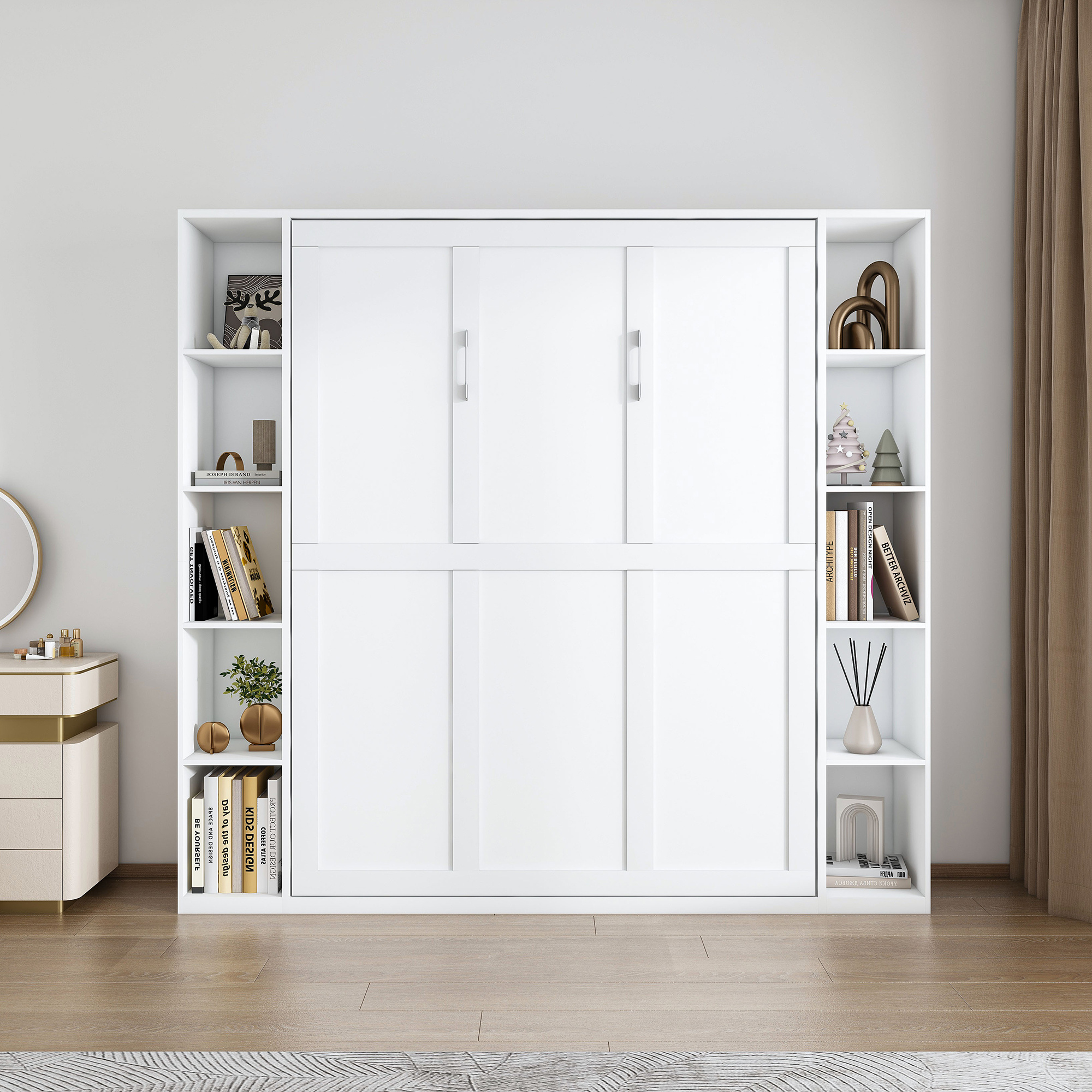 Queen Murphy Bed, 89.7-inch Foldable Wall Bed, With Storage Cabinet, With Hardware Bed Frame And Solid Wood Support Strips, Hidden Bed Frame, Suitable For Bedrooms, Guest Rooms, White - Image 5