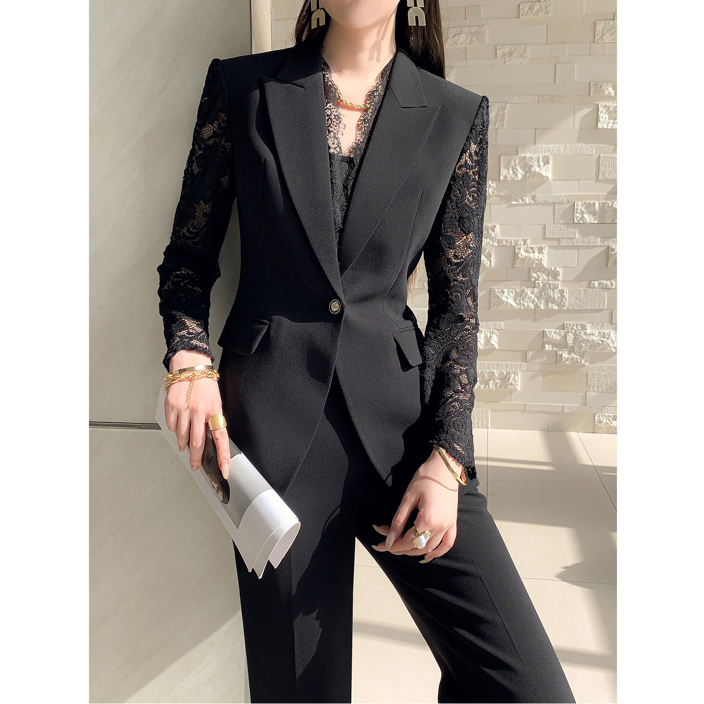 One Button Lace Panelled Blazer And Trousers Two Piece Set - Image 3