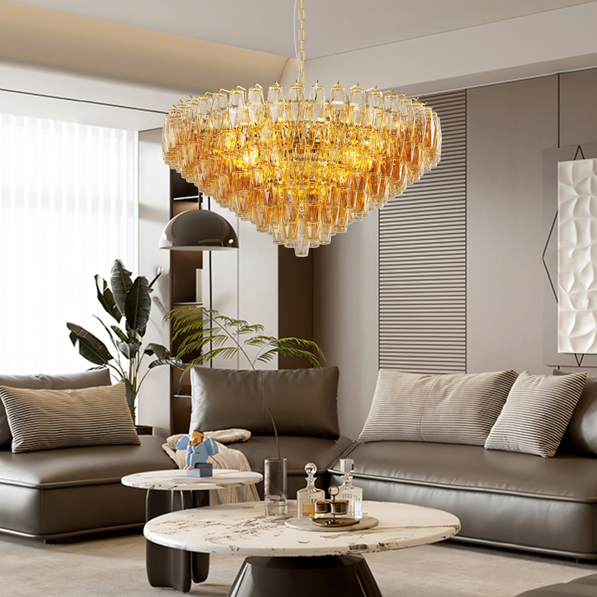 37 Extra Large Chandelier, 14-Light Gold Modern Round Chandelier For Living Room, Tiered Smoke Blown Glass Brass Chandeliers, Hanging Light Fixture For Bedroom, Dining Room, Foyer, Entryway - Image 5
