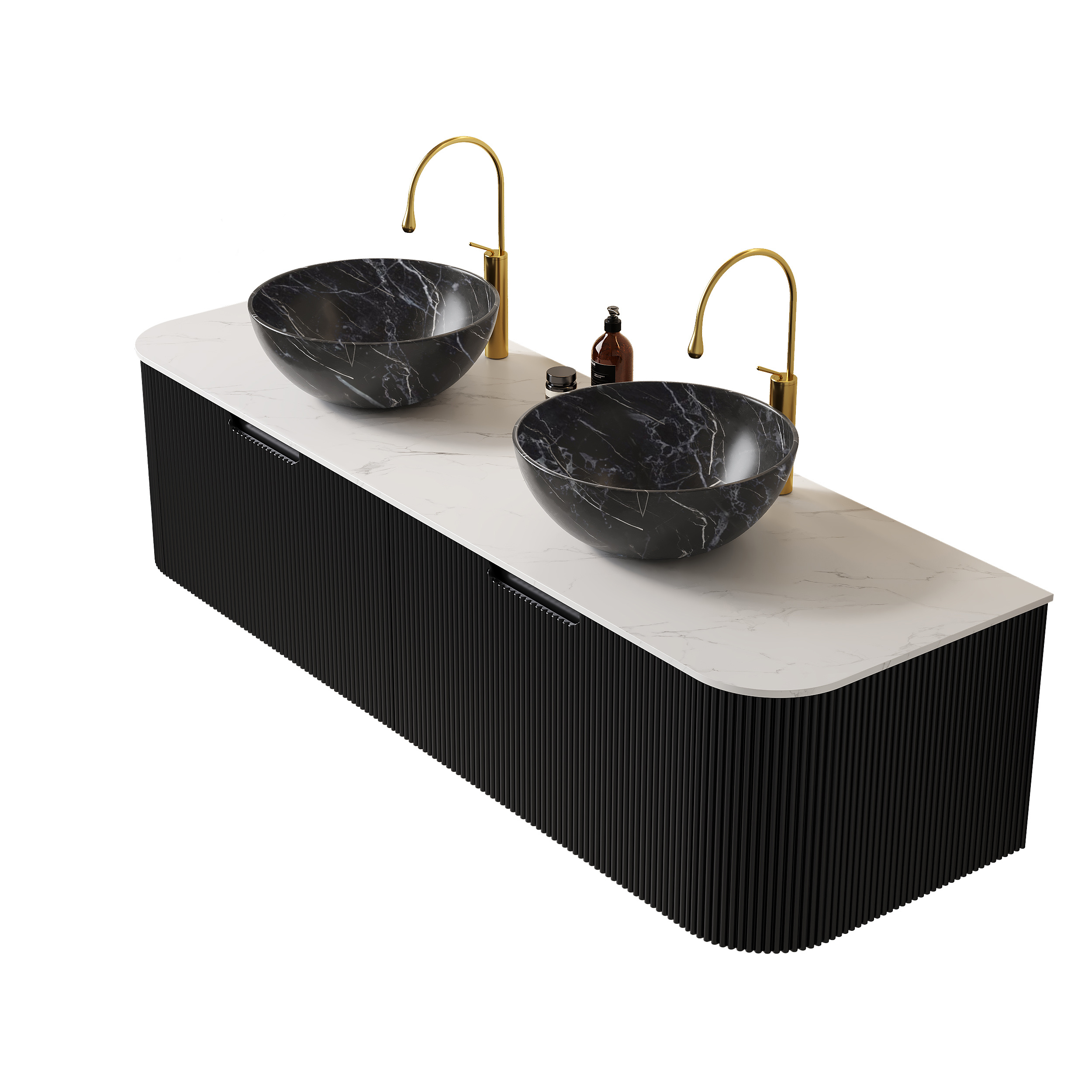 DINA 60 Bathroom Vanity With Sinks, Wall-Mounted Floating Curved Edges Striped Bathroom Storage Cabinet With 2 Drawers, 2 Black Bowl Ceramic Basins With Stone Pattern, Pre-assembled, Black Color - Image 4