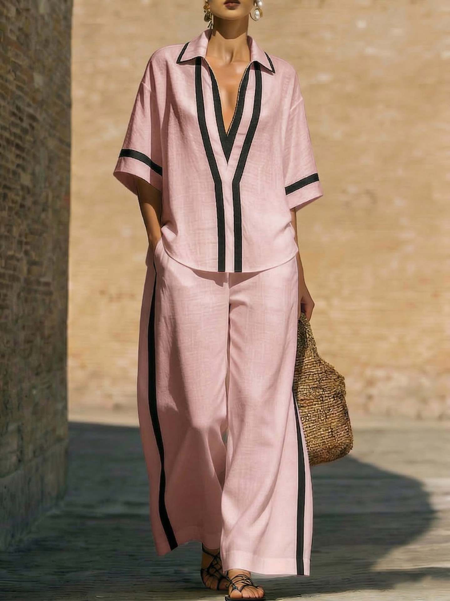 Color Block Short Sleeve Top And Wide Leg Pants Two Piece Set - Casual Summer Loose Fit Matching Outfit For Women Daily Wear - Image 3
