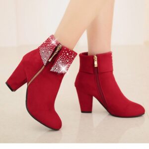 Rhinestone nubuck short heel women boots