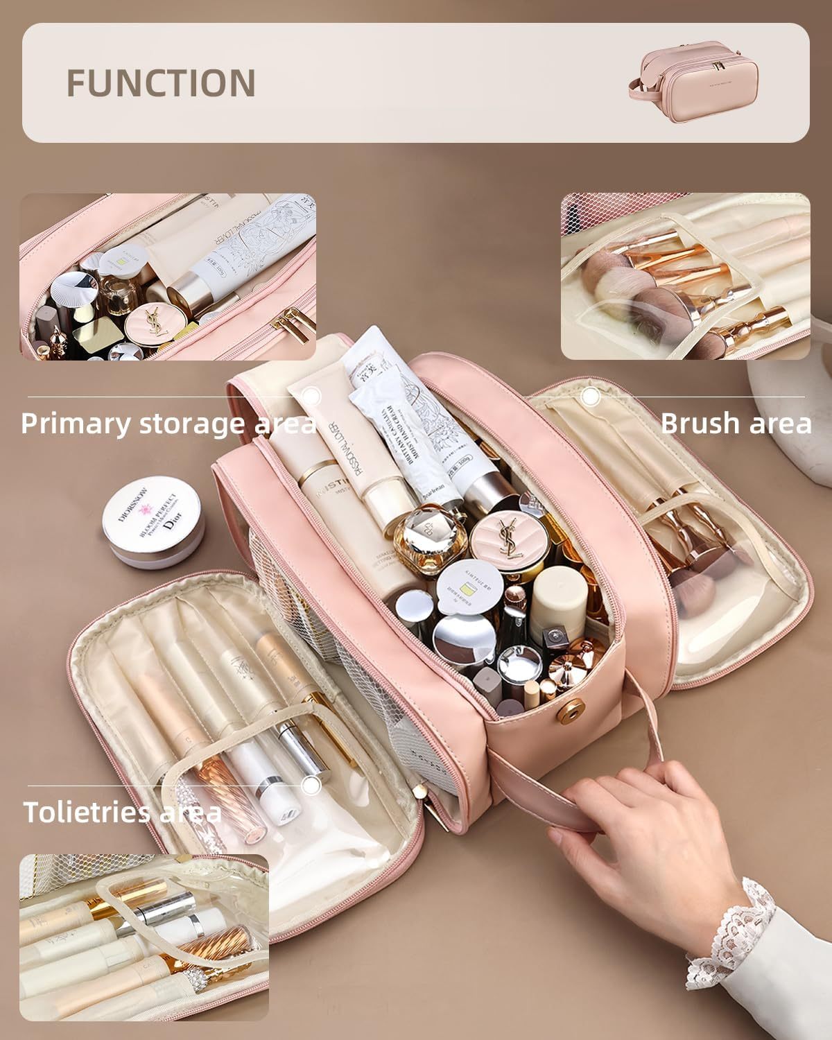 Travel Makeup Bag For Women, Large Capacity Cosmetic Organizer With Wide Opening, Waterproof Portable Toiletry Storage Bag For Easy Access - Image 5