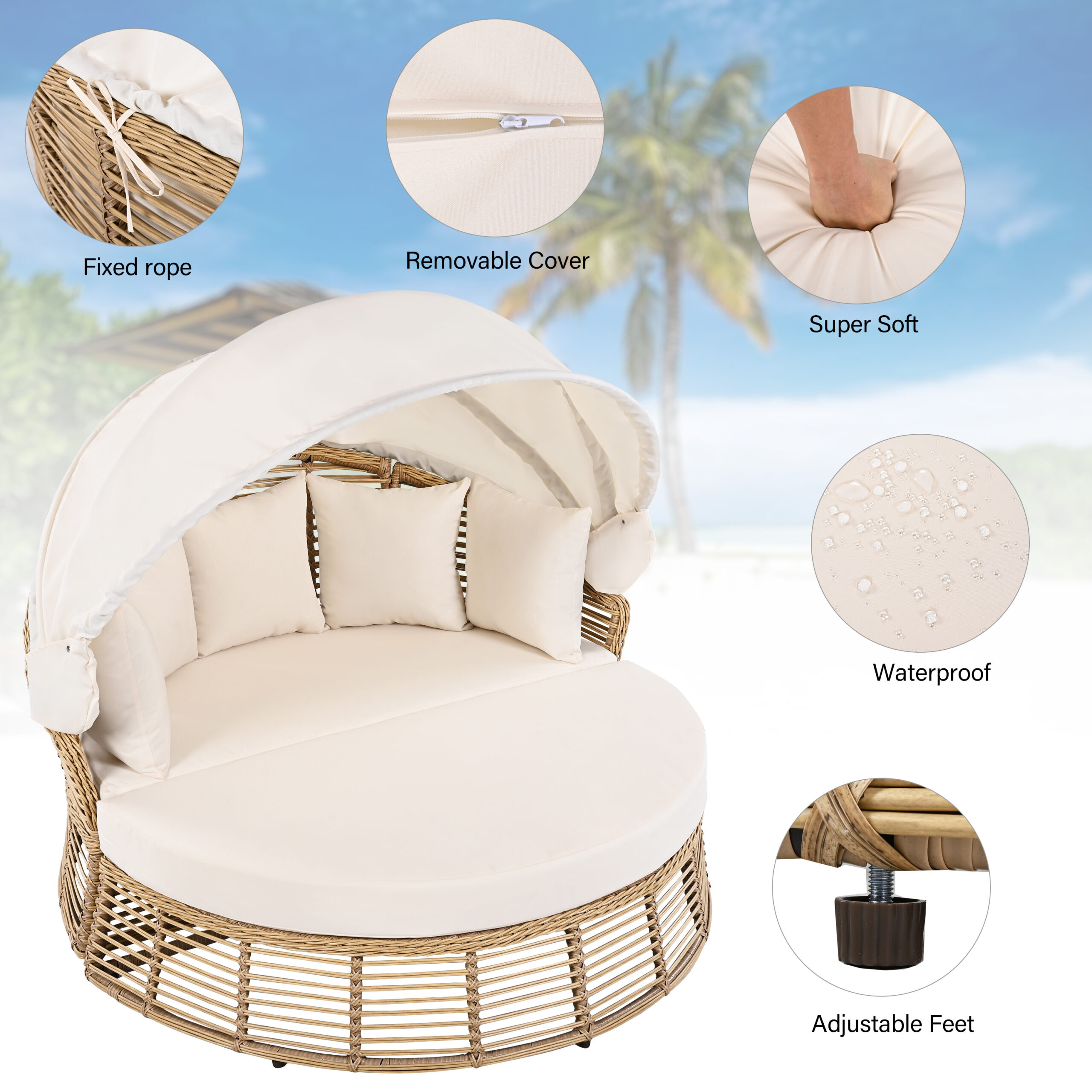 Outdoor Patio Rattan Round Daybed With Retractable Canopy, Wicker Furniture Round Poolside Sofa Sunbed With Removable Cushions, Backyard, Porch, Beige - Image 5