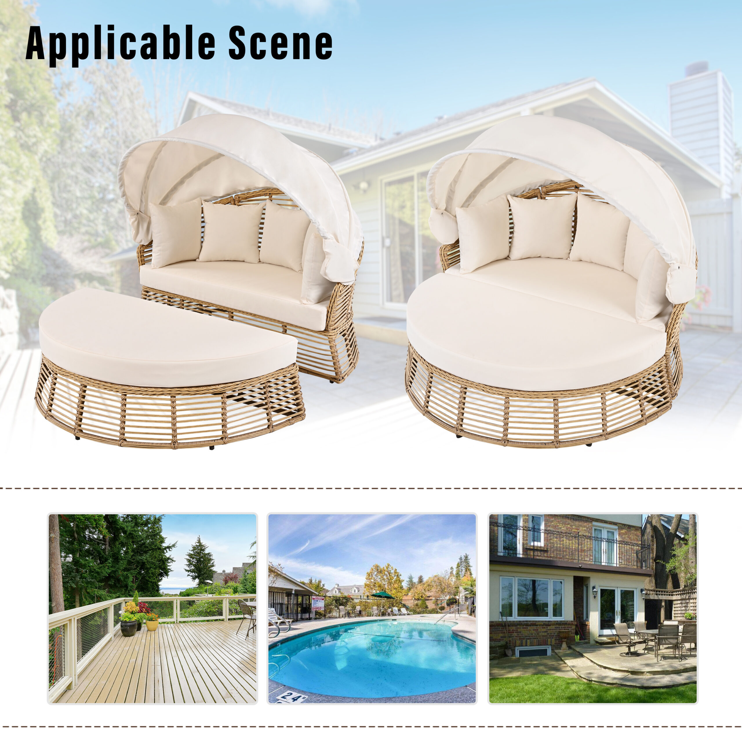 Outdoor Patio Rattan Round Daybed With Retractable Canopy, Wicker Furniture Round Poolside Sofa Sunbed With Removable Cushions, Backyard, Porch, Beige - Image 2