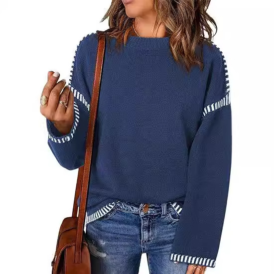 Women's Sweater Thread Patchwork Knitting Pullover Crew Neck - Image 2