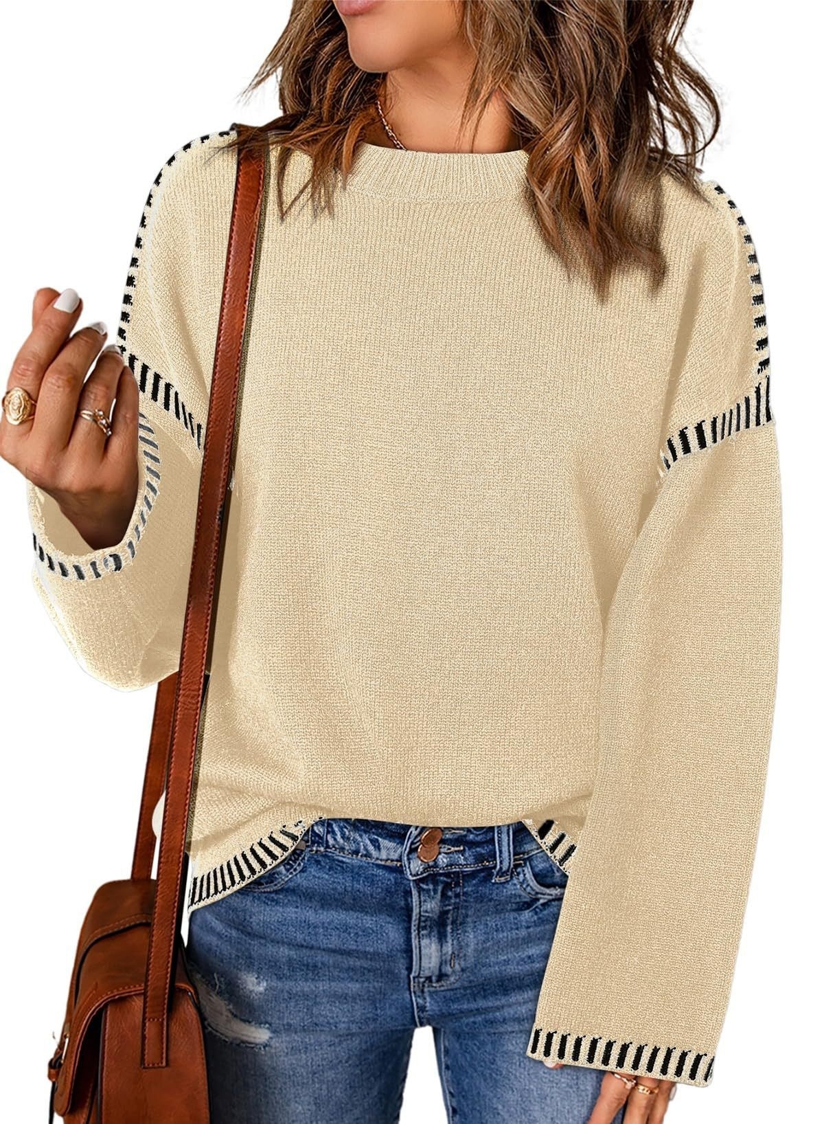 Women's Sweater Thread Patchwork Knitting Pullover Crew Neck - Image 7