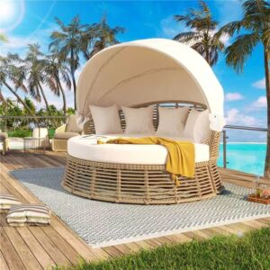 Outdoor Patio Rattan Round Daybed With Retractable Canopy, Wicker Furniture Round Poolside Sofa Sunbed With Removable Cushions, Backyard, Porch, Beige