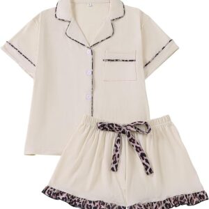 RONGTAI Summer Pajamas For Women Set Short Sleeve Button Down Leopard Pjs Lounge Sets Soft Sleepwear