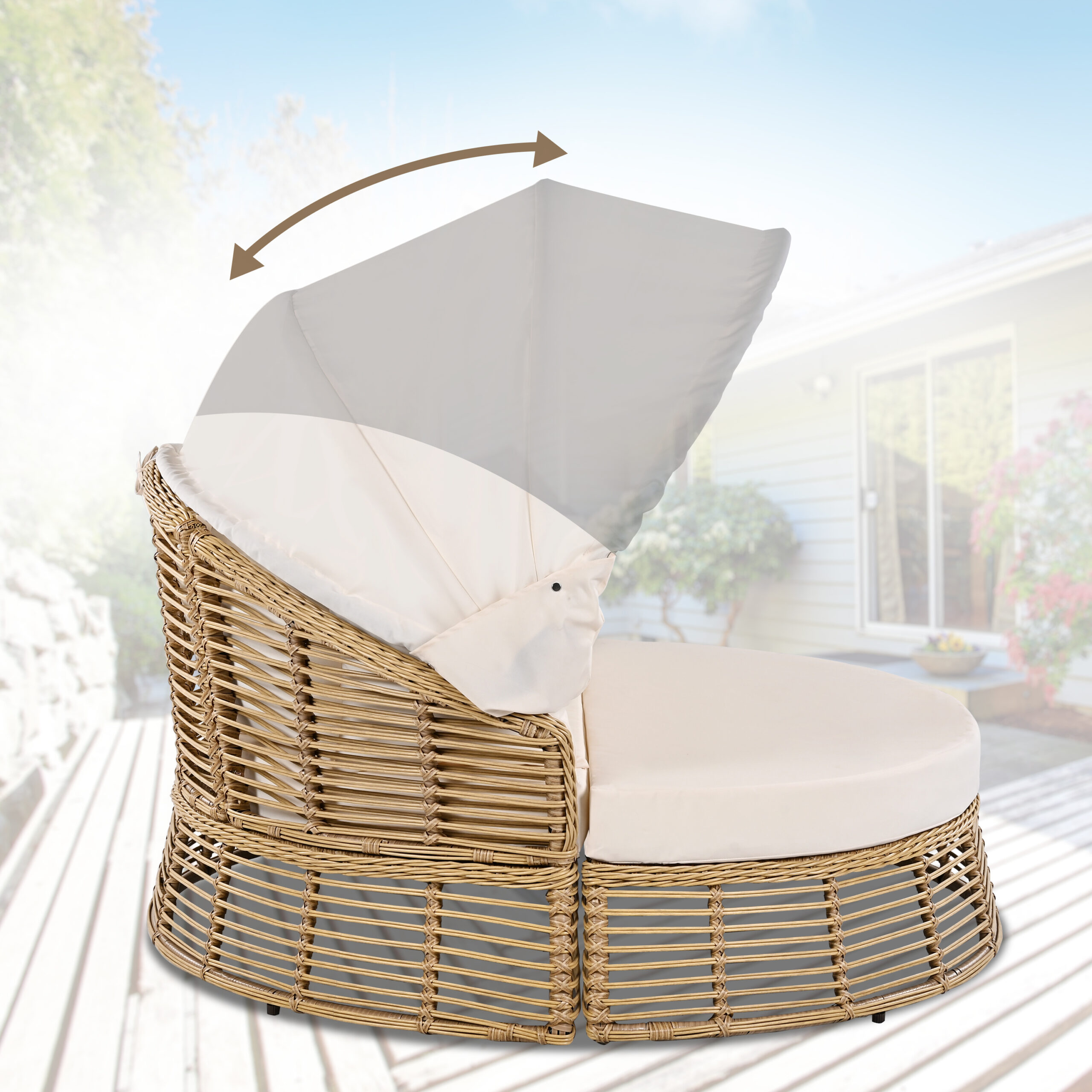 Outdoor Patio Rattan Round Daybed With Retractable Canopy, Wicker Furniture Round Poolside Sofa Sunbed With Removable Cushions, Backyard, Porch, Beige - Image 4