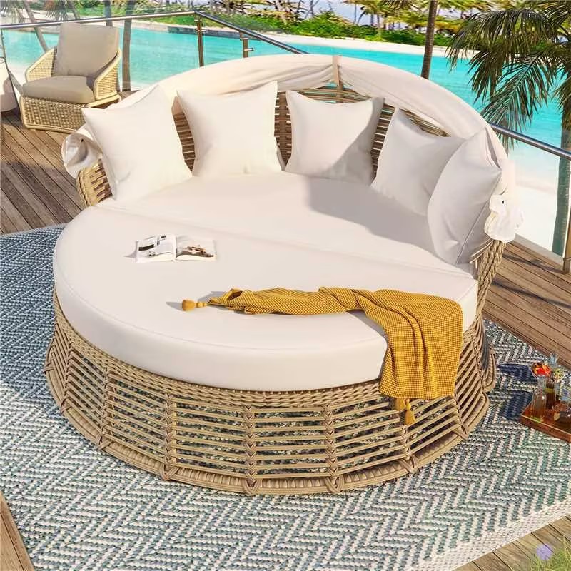 Outdoor Patio Rattan Round Daybed With Retractable Canopy, Wicker Furniture Round Poolside Sofa Sunbed With Removable Cushions, Backyard, Porch, Beige - Image 3