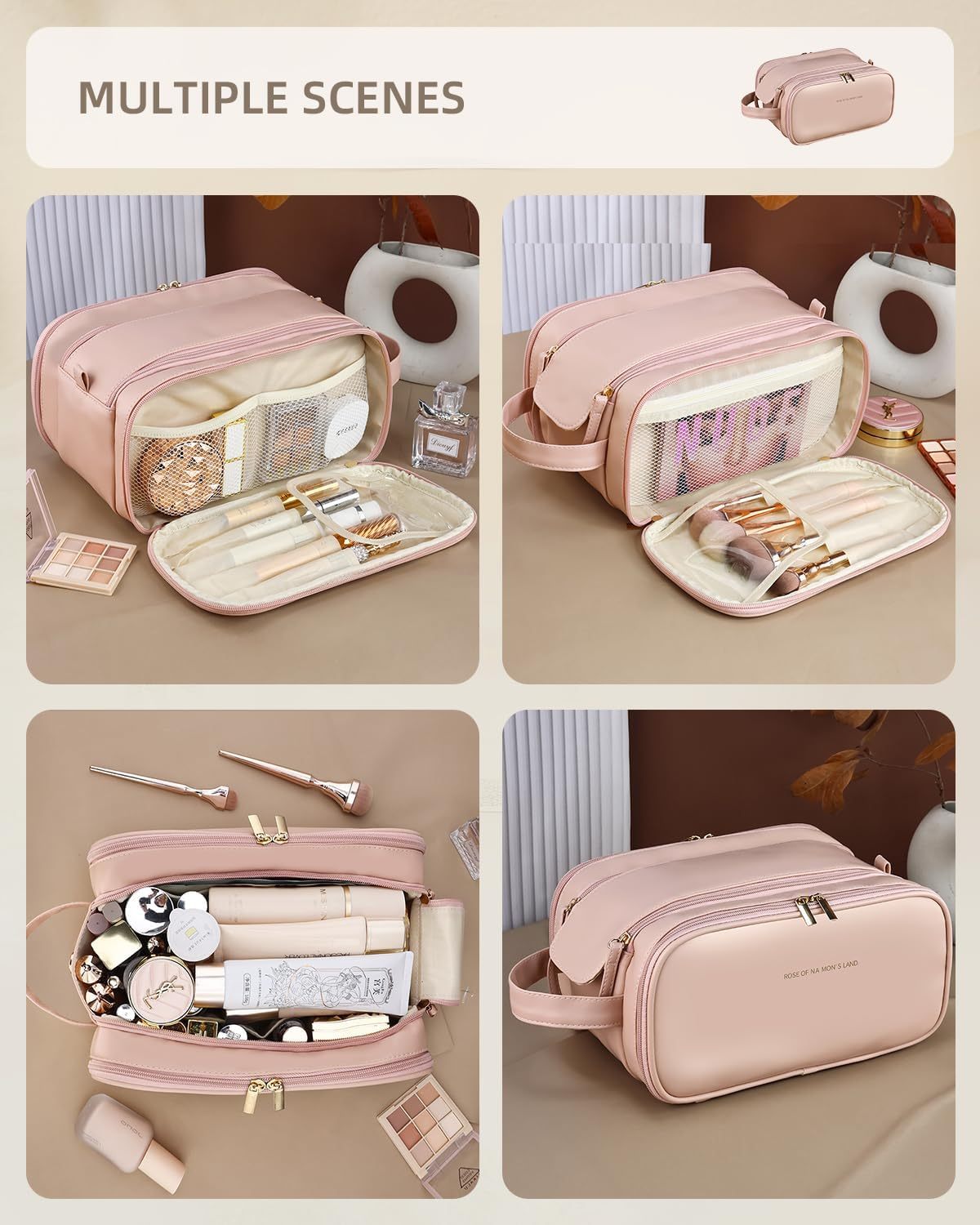 Travel Makeup Bag For Women, Large Capacity Cosmetic Organizer With Wide Opening, Waterproof Portable Toiletry Storage Bag For Easy Access - Image 7