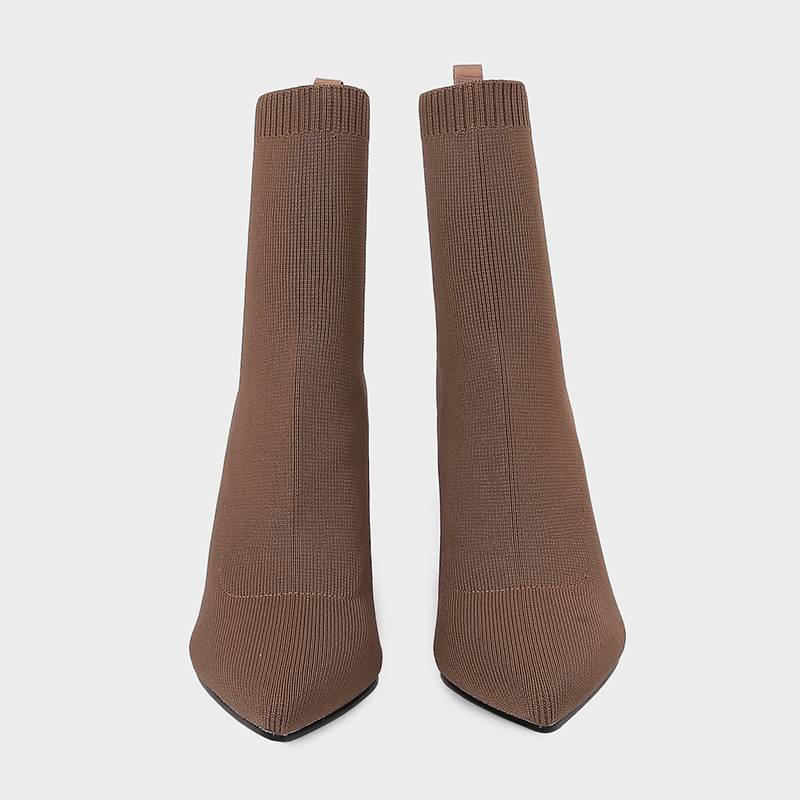 Brown Yellow Geometric High Heel Chunky Heel Retro Ankle Boots Elastic Socks Boots Women - Image 4