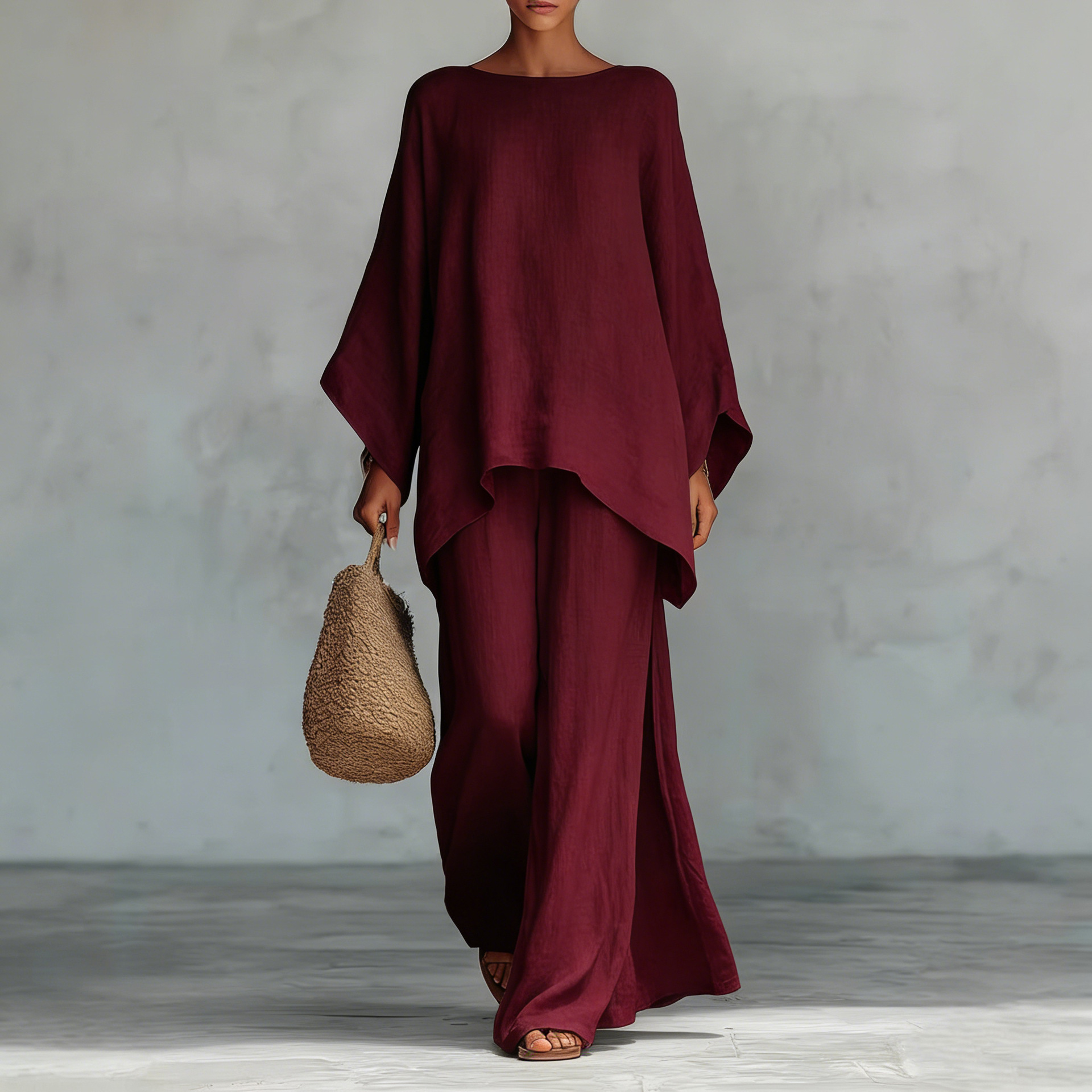 Casual 2-piece Set Loose Long-sleeved Wide-leg Trousers For Womens Minimalist Relaxed-fit Top And Wide-leg Pants Set For Daily Wear Work Vacation Outfits - Image 2